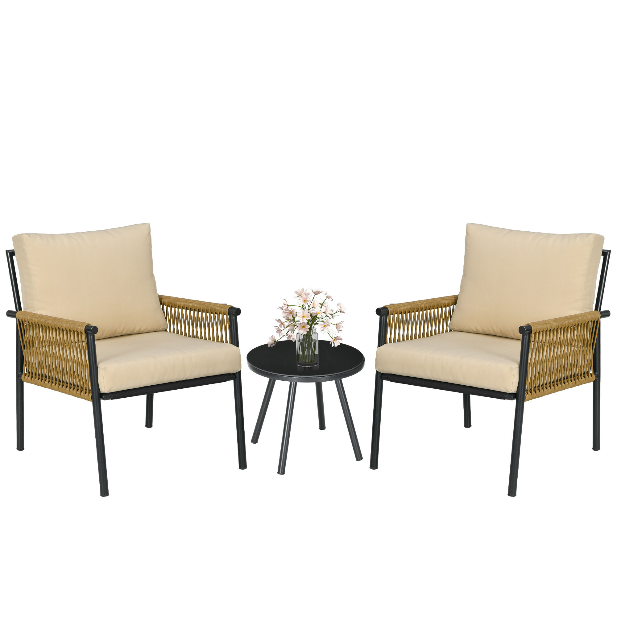 Outsunny Conjunto de Mesa y Sillas de Jard&iacute;n Exterior Juego de 3 Piezas Sillas y Mesa de Rat&aacute;n con 2 Sillas y 1 Mesa de Centro de Vidrio Templado para Terraza C&eacute;sped Balc&oacute;n Negro y Beige, , large Imagen numero 1