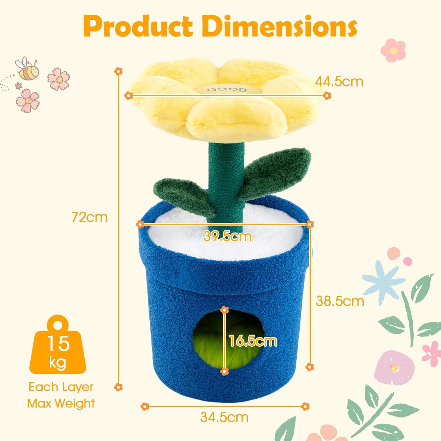 COSTWAY Cama para Gatos con Forma de Flor, Condominio de Mascotas de Interior con Rascador de Sisal, Posadero Acolchado Lavable, Dise&ntilde;o de Maceta, Ideal para Gatitos (Amarillo), , large Imagen numero 3