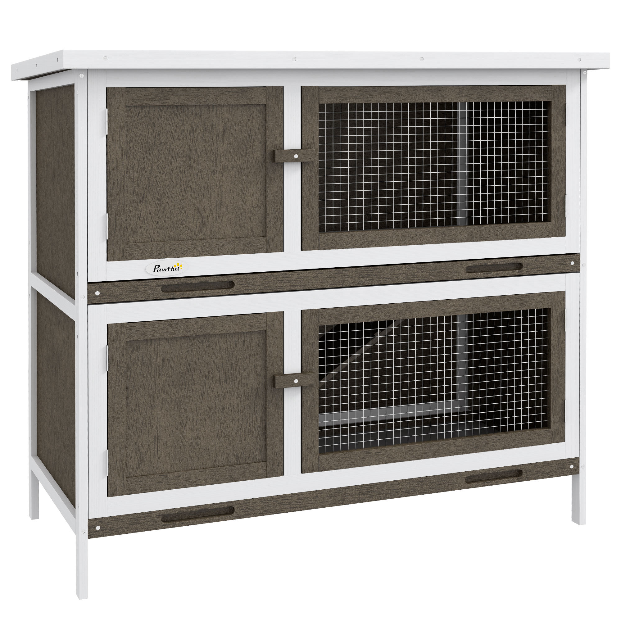 PawHut Conejera de Madera Jaula para Conejos de 2 Pisos 97x44x91 cm con Techo Asf&aacute;ltico Puertas con Pestillo Bandejas Extra&iacute;bles y Rampa para 2 Conejos Marr&oacute;n, , large Imagen numero 1