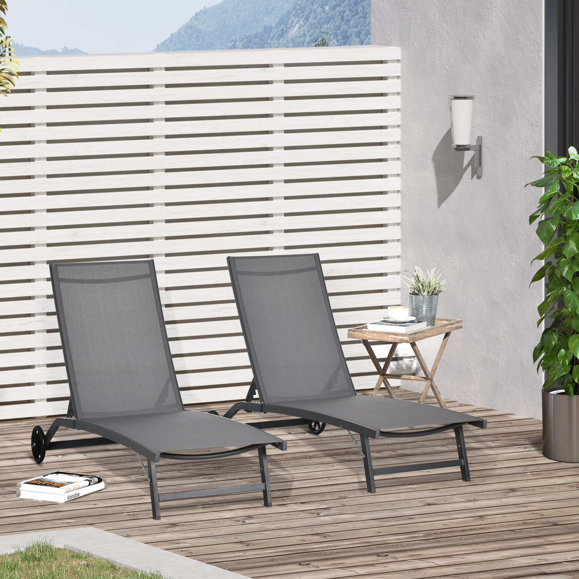 Outsunny Juego de 2 Tumbonas Reclinables de Jard&iacute;n Sillas de Aluminio para Exteriores con Respaldo Ajustable de 5 Niveles y Ruedas para Playa Piscina 165x66x102 cm Gris Oscuro, , large Imagen numero 2