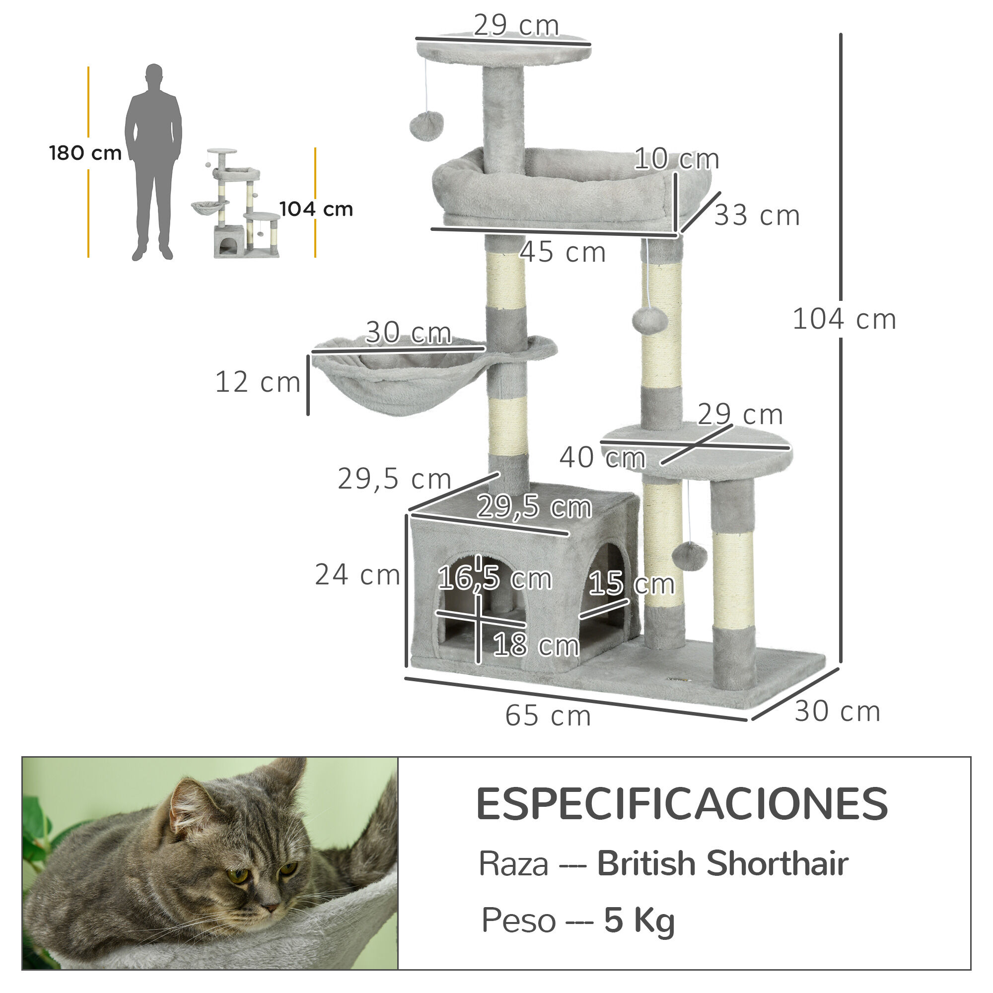 PawHut Rascador para Gatos Altura 104 cm Árbol para Gatos Torre de Escalada con Postes Rascadores de Sisal Cueva Plataformas y Bolas Colgantes Gris Claro thumbnail