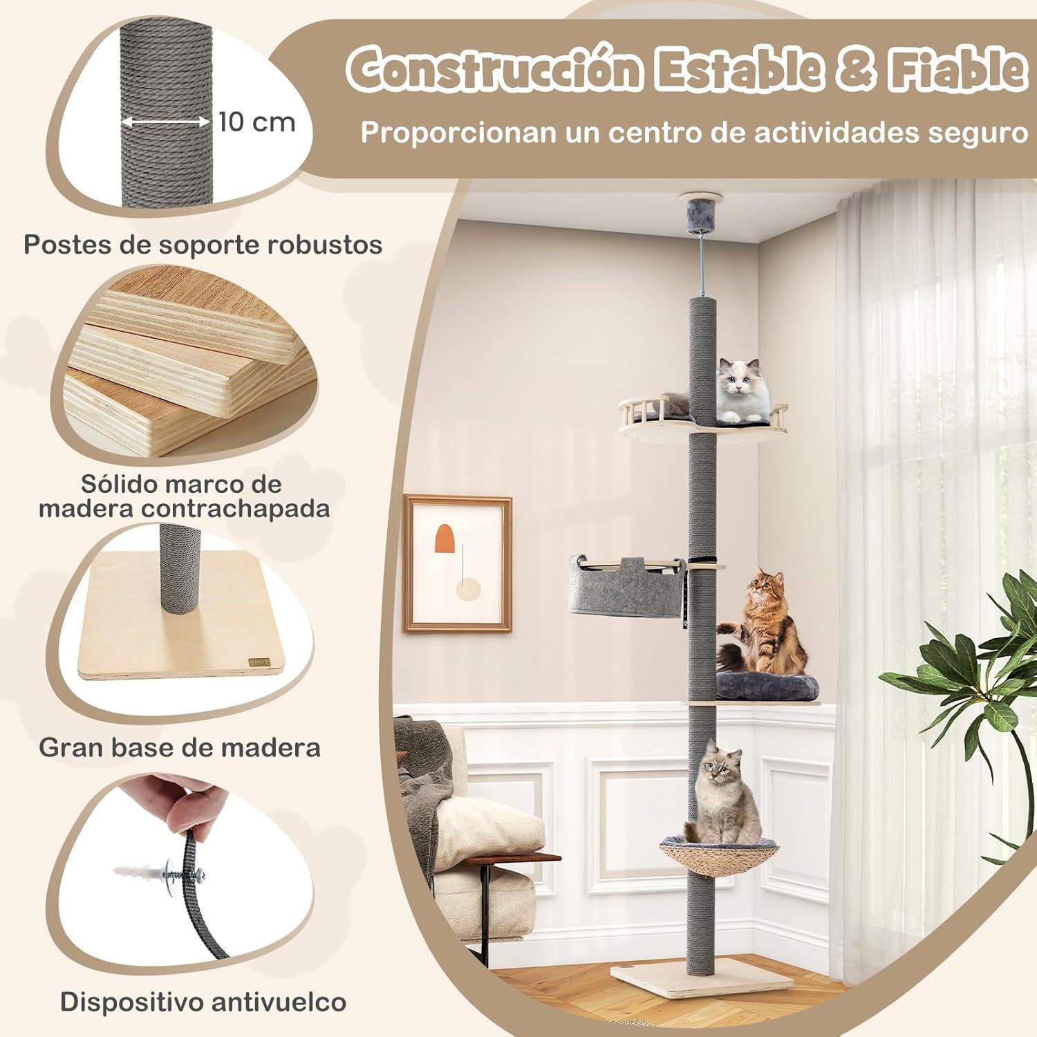COSTWAY Torre para Gatos Altura de 236-271 cm, &Aacute;rbol Rascador para Gatos para Fijar al Techo de 5 Niveles, Ajustable en Altura con Hamaca,Cesta de Peluche, Cama Blanda y Poste Rascador para Gatos, , large Imagen numero 5