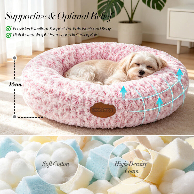 Nobleza Cama Redonda para Gatos y Perros Peque&ntilde;os/Medianos (&Oslash; 60 cm) - Coj&iacute;n Donut Antiestr&eacute;s de Felpa Suave con Textura Rosas, Cama Lavable e Antideslizante, Rosa, , large Imagen numero 3