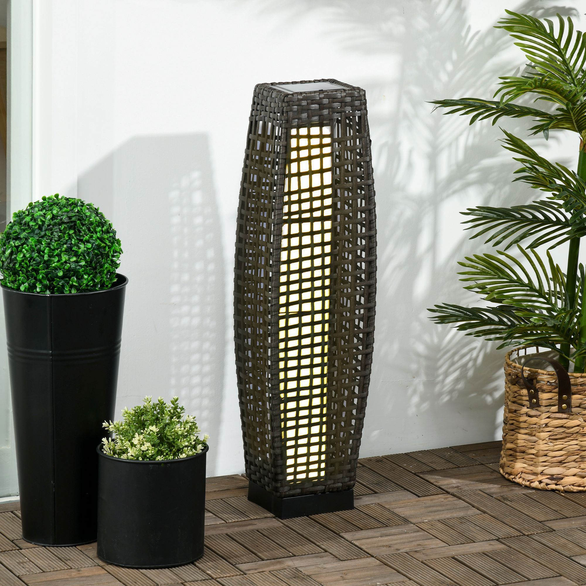 Outsunny Linterna de Jard&iacute;n de Rat&aacute;n Sint&eacute;tico Luces Solares Exterior con Luces LED Encendido/Apagado Autom&aacute;tico para Terraza Balc&oacute;n Patio 21x21x78 cm Gris, , large Imagen numero 2
