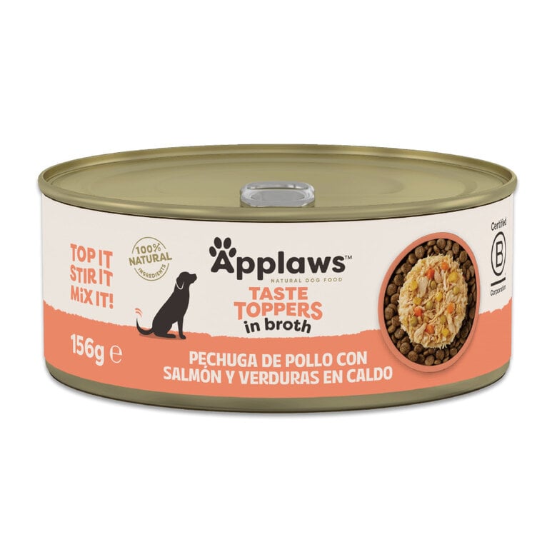 156 g Applaws Taste Toppers Pollo con Salmón y Vegetales en Caldo lata para perros