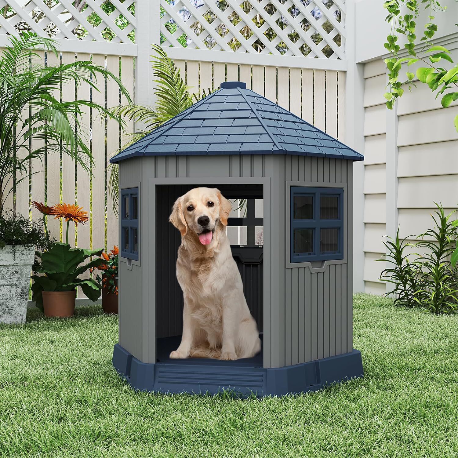 COSTWAY Caseta Perros Exterior de Pl&aacute;stico, 76x90x96 cm, Casa para Perros Grande con 2 Ventanas y Claraboya, Techo Inclinado, Entrada Amplia, Impermeable, Caseta para Perro en Forma de Granero, , large Imagen numero 2