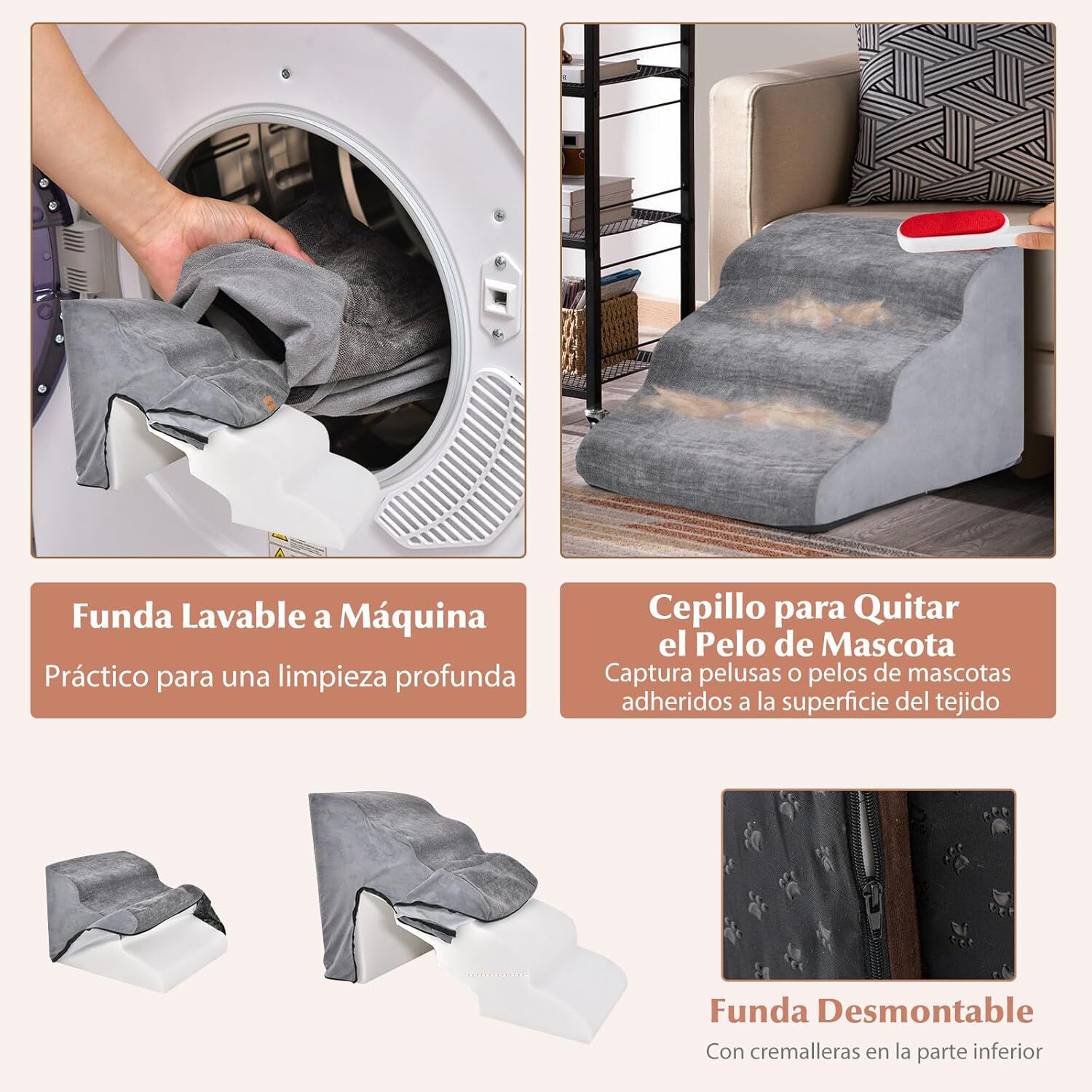 COSTWAY Rampa para Perros de Espuma de 5 Niveles, 56 cm Escalera para Mascotas Extra&iacute;ble y Lavable, Escalones para Perros de Espuma, 2 Rampas para Subir Mascotas (gris), , large Imagen numero 3