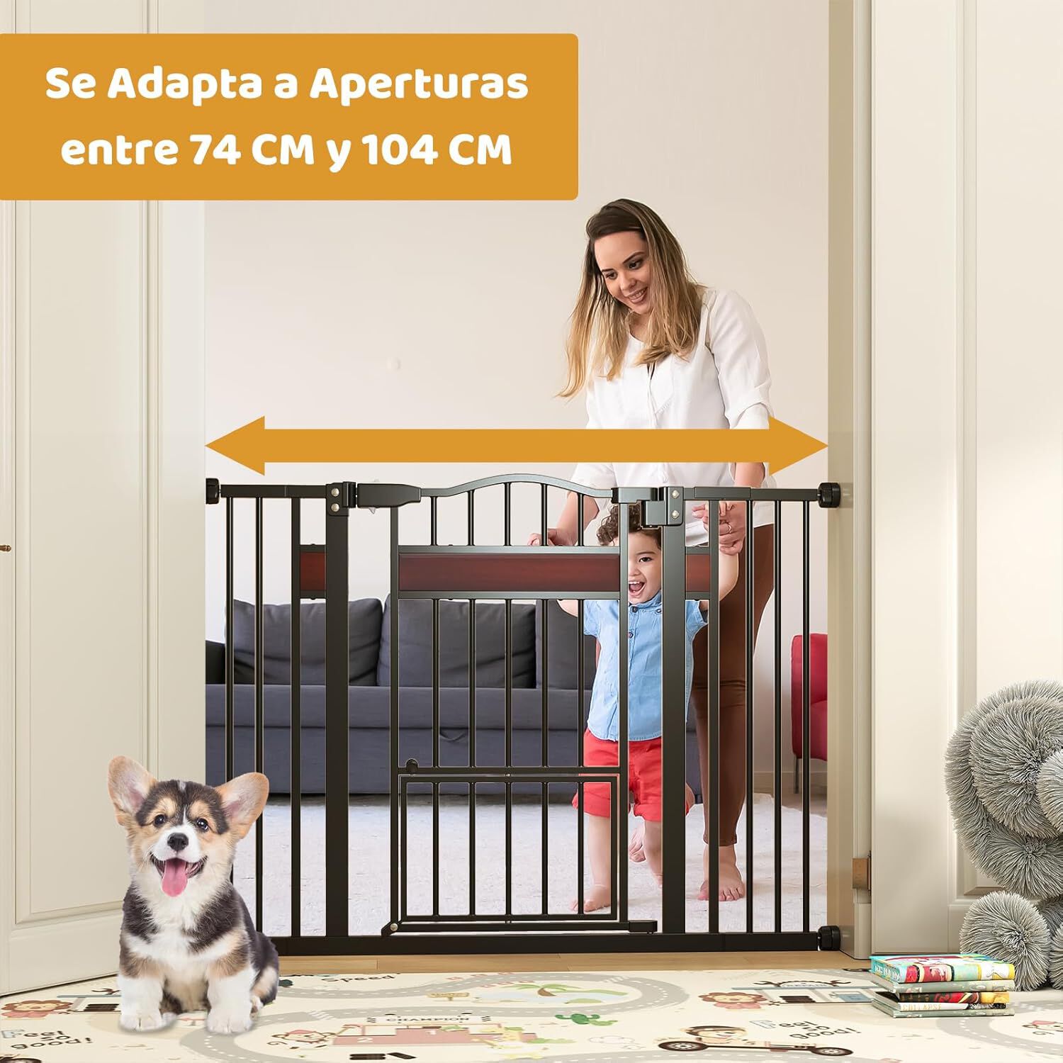 COSTWAY Barrera de Seguridad para Perros, 74-104 x 76 cm Barrera para Mascotas Extensible con Puerta Pequeño, Cierre Automático y Sistema de Doble Bloqueo, Puerta de Seguridad para Niños (Negro) thumbnail