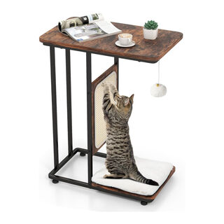 COSTWAY 4 en 1 Árbol para Gatos y Mesa Auxiliar en Forma de C con Cojín Lavable Marrón Rústico para gatos