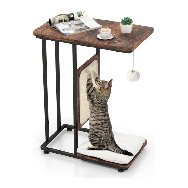 COSTWAY 4 en 1 Árbol para Gatos y Mesa Auxiliar en Forma de C con Cojín Lavable Marrón Rústico para gatos thumbnail