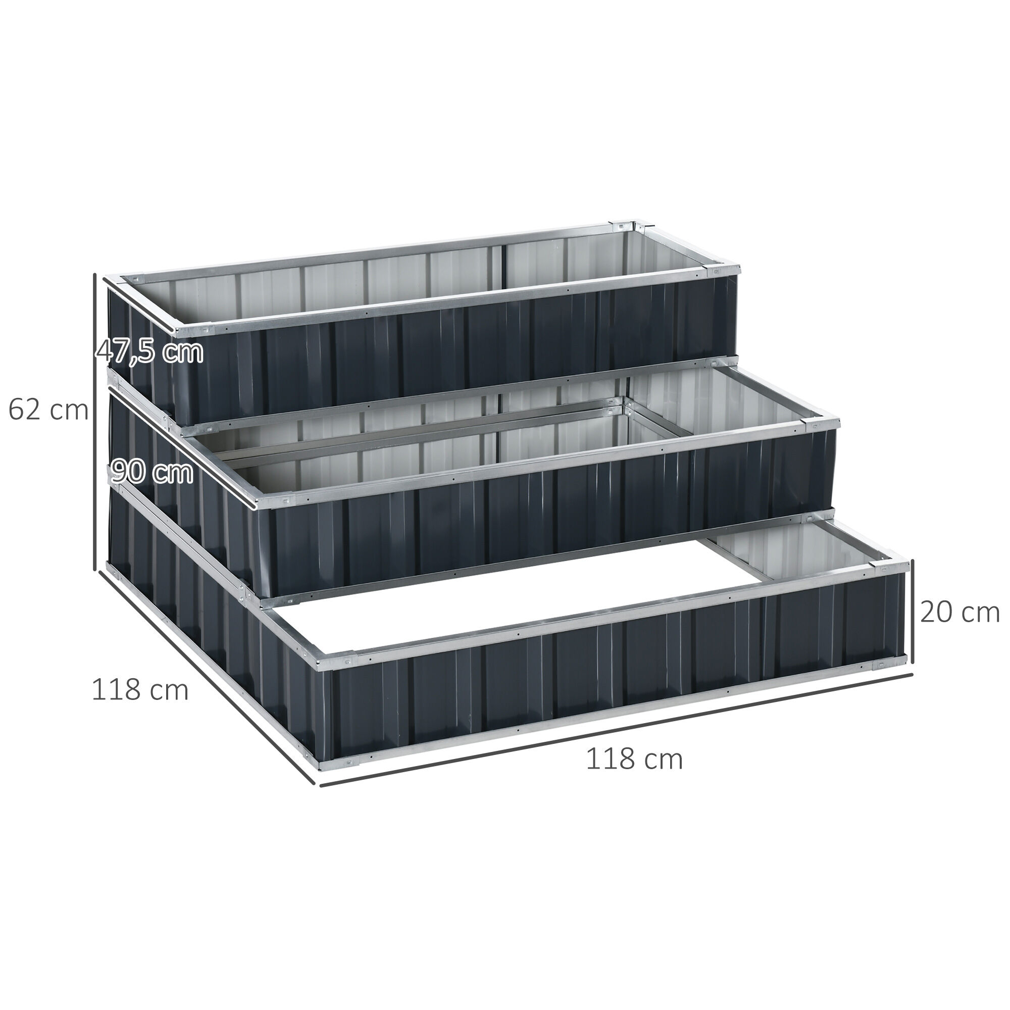 Outsunny Huerto Urbano de 3 Niveles de Jard&iacute;n Acero 118x118x62 cm Arriate de Escalera para Cultivos Plantas Flores para Terraza Exterior Gris, , large Imagen numero 3