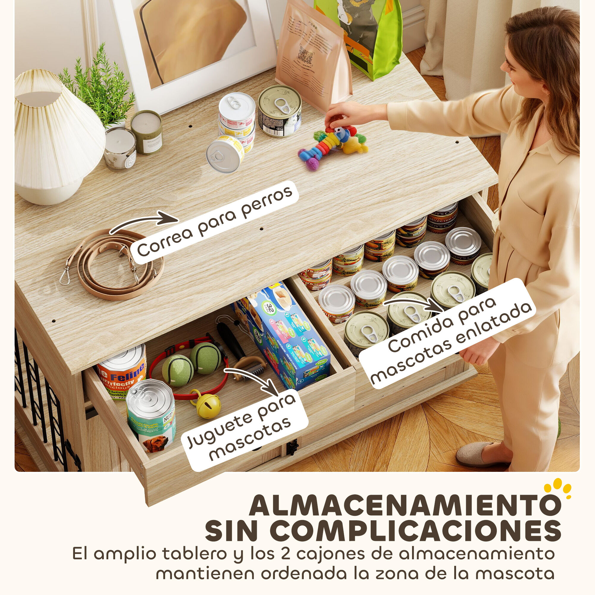 PawHut Jaula para Perros con Ruedas, Mesa Auxiliar, Casa para Mascotas Moderna con 2 Cajones, 2 Puertas y Cierre, para Perros Medianos y Grandes, 100x56x81 cm, Roble, , large Imagen numero 5