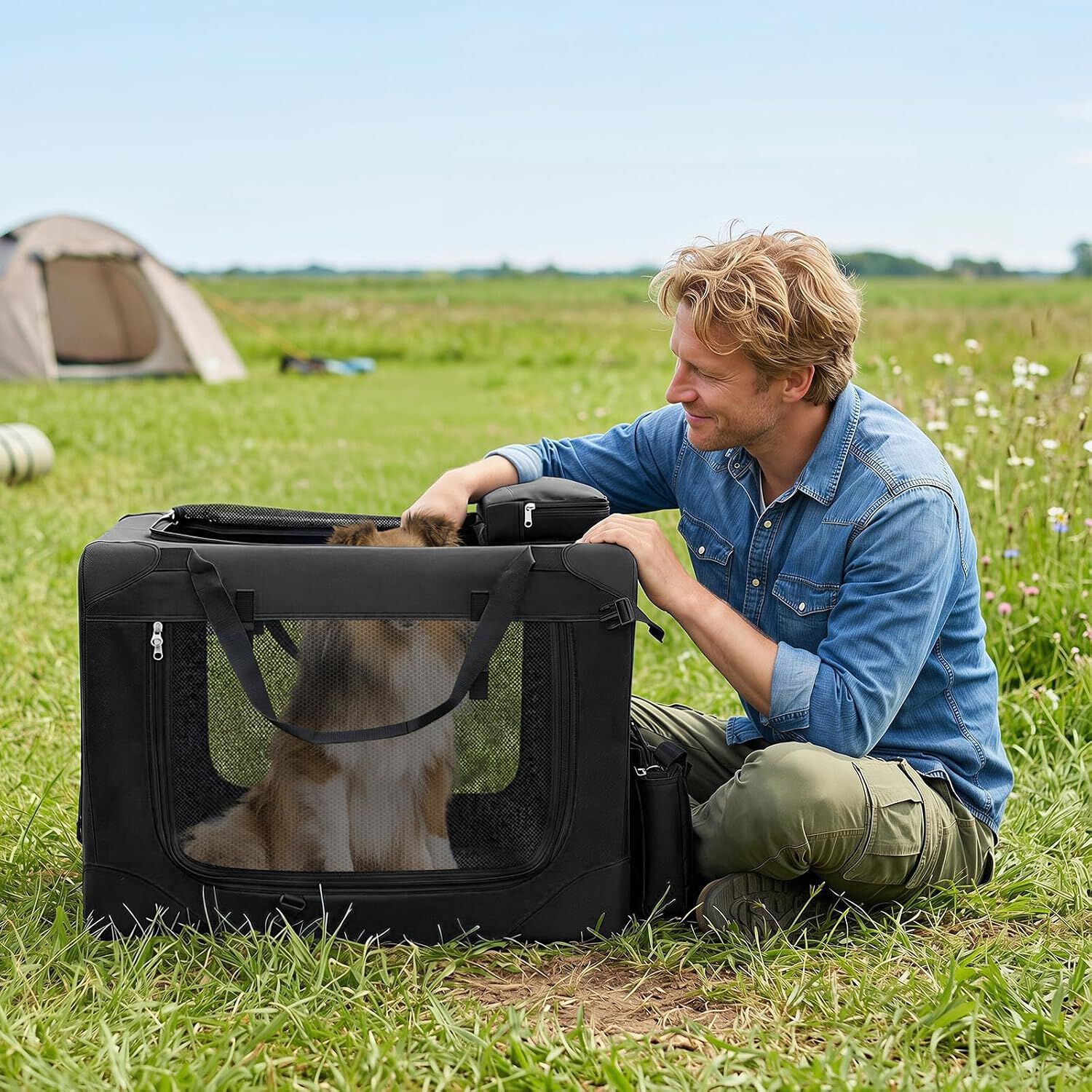 COSTWAY Transport&iacute;n para Perros Plegable, Bolsa Transporte para Gatos con Ventanas de Malla, 3 Puertas y Bolsillos Extra&iacute;bles, Portador de Viaje para Mascotas Interior y Exterior (Negro, M), , large Imagen numero 2