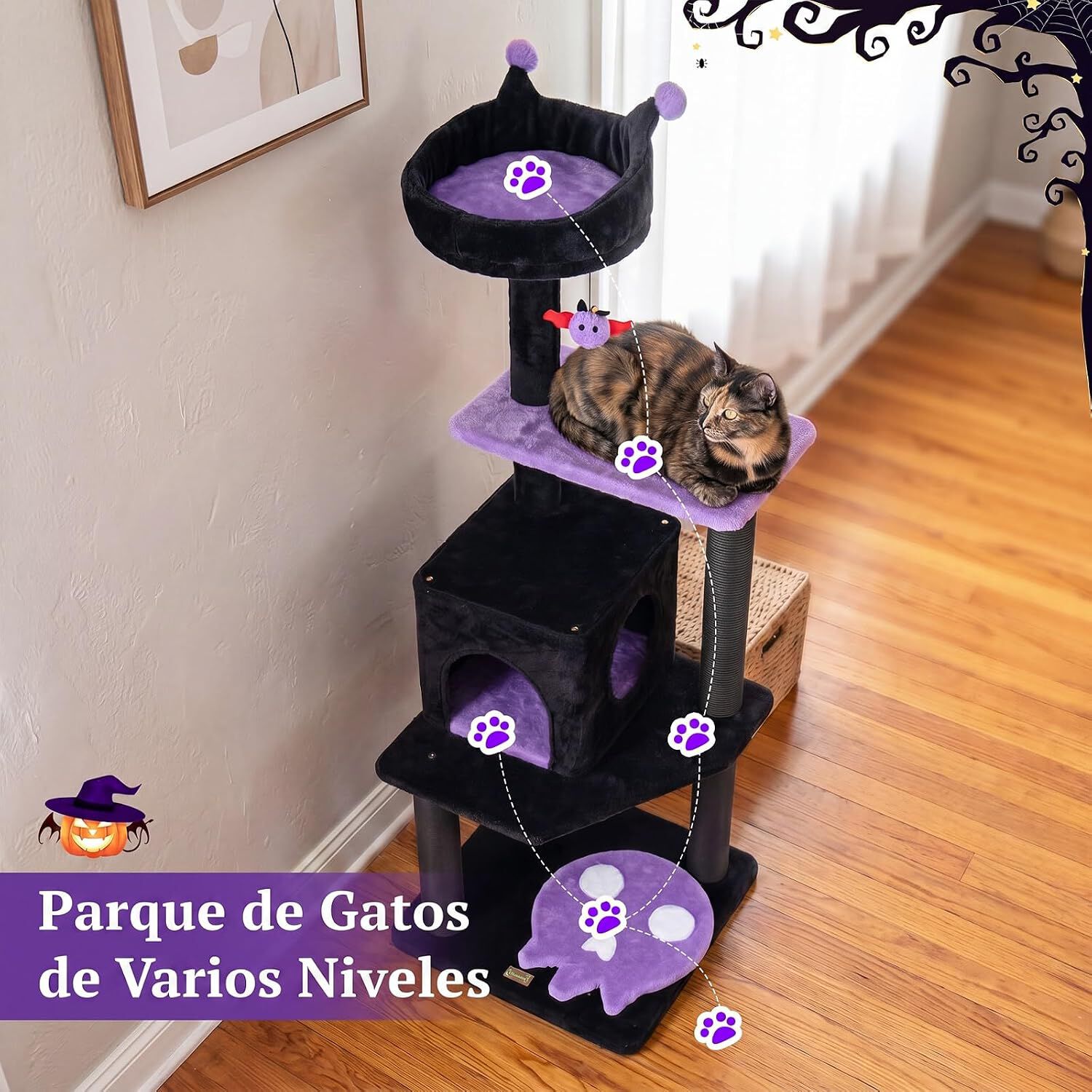 COSTWAY 144 cm &Aacute;rbol Rascador para Gatos G&oacute;tico de Interior, Morado Torre para Gatos Multinivel con Postes Rascadores, Plataformas, Casita y Juguete Colgante, Centro de Actividad para Mascotas, , large Imagen numero 4