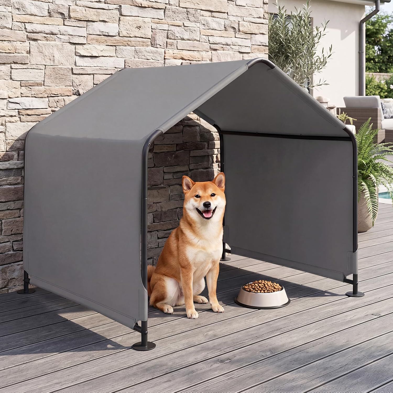 COSTWAY Sombras para Perros para Exterior, Caseta Perros Exterior con Techo Impermeable, Estacas de Tierra, Carpa con Toldo Resistente al Sol, 126 x 118 x 108 cm, Gris, , large Imagen numero 2