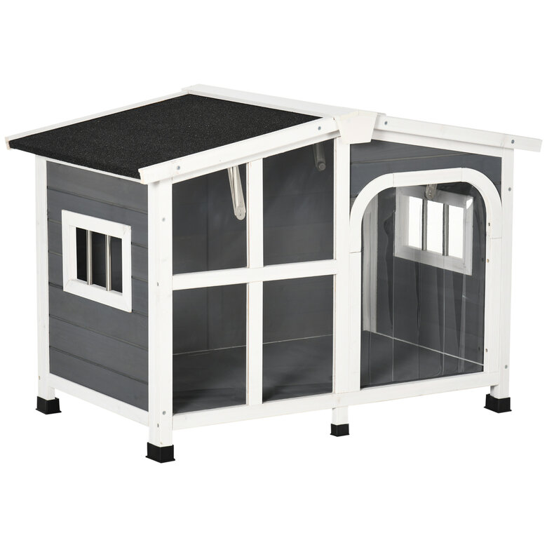PawHut Caseta para Perros de Madera 101x66,5x70,5 cm Casa para Mascotas con Techo Abatible Frontal de Acrílico Puerta con Cortina y Fondo Extraíble Gris Oscuro., , large image number null