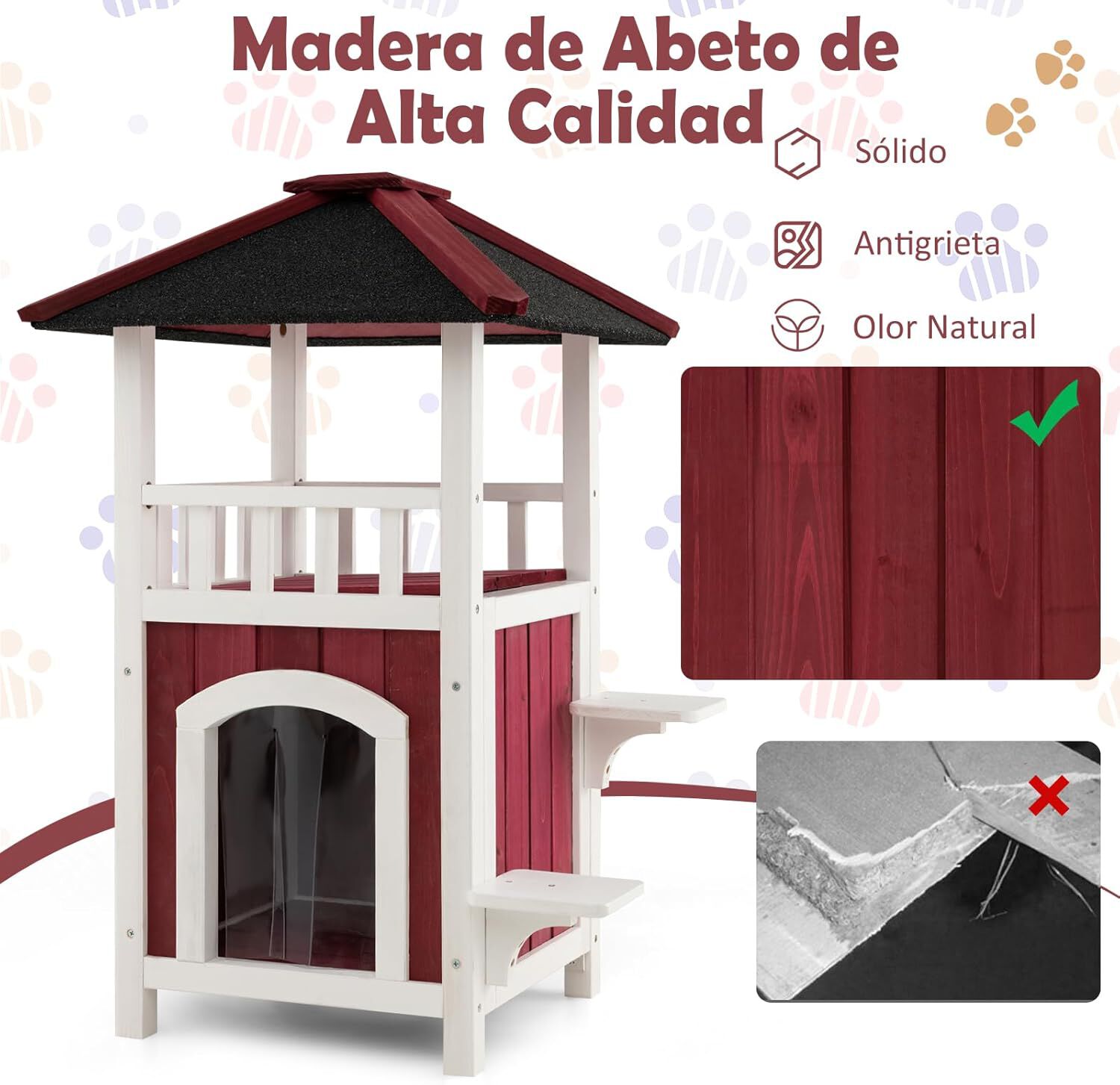 COSTWAY Caseta para Gatos de Madera, Casa para Mascotas de 2 Pisos con Techo de Asfalto, Cortina de Lluvia y Plataformas de Saltar, Refugio para Gatos a Prueba de Intemperie, 58 x 50 x 87 cm thumbnail
