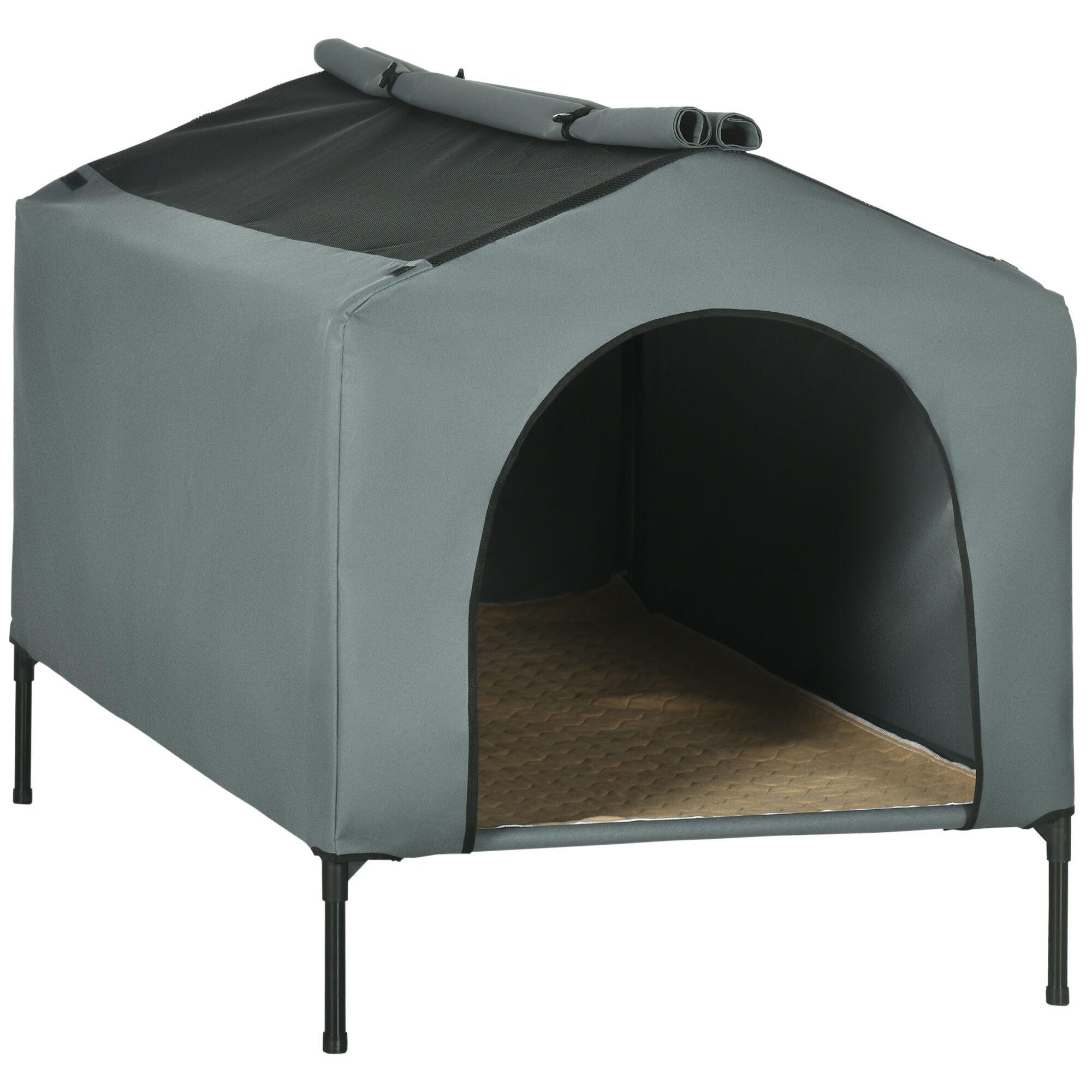 PawHut Caseta con Cama y Parasol gris para perros