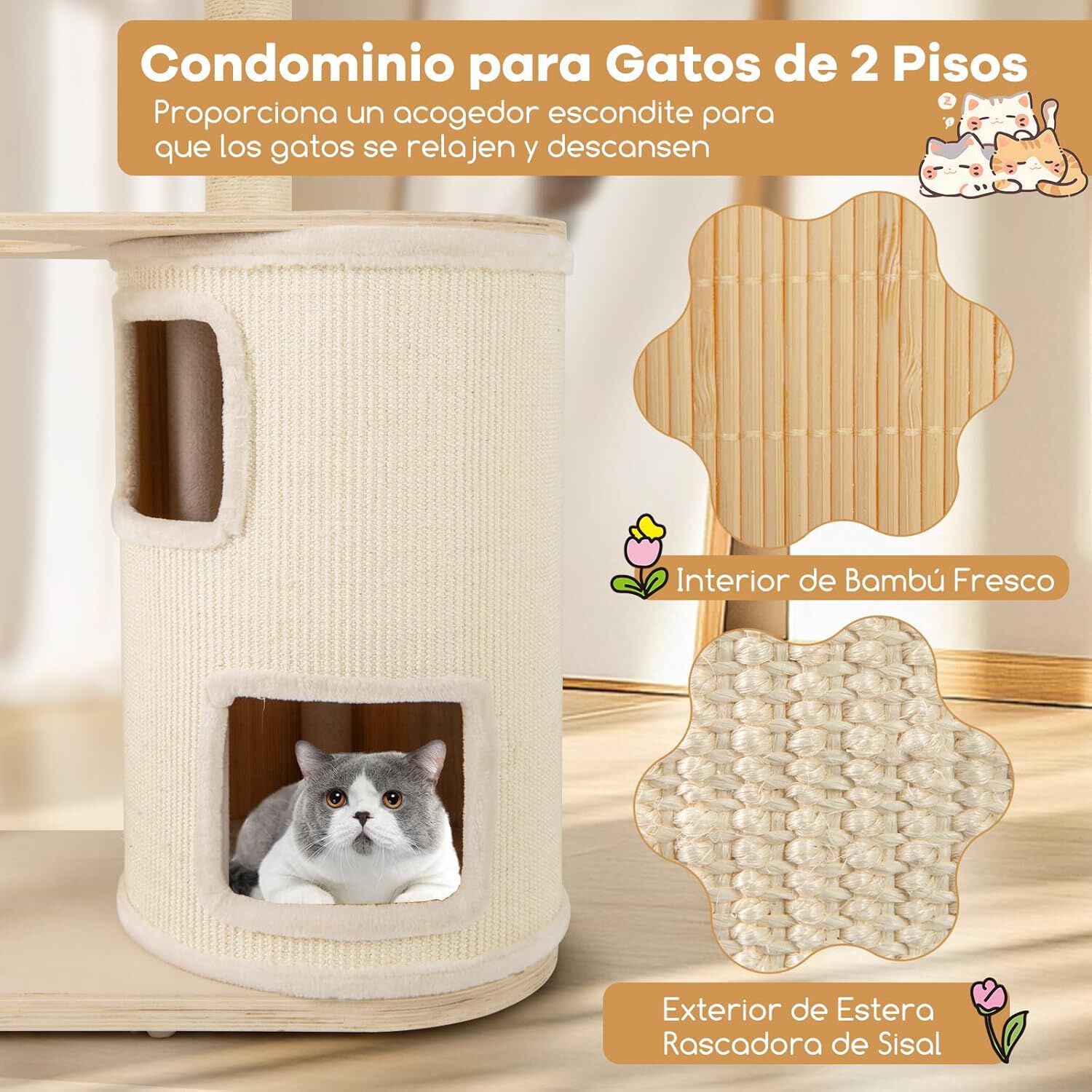 COSTWAY Árbol para Gatos Alto de 151 cm, Poste Rascador Multicamada con Condominio, Alfombra y Cama para Gatos, Hamaca, Cojín Lavable, Centro de Actividades Multifuncional para para Gatos thumbnail