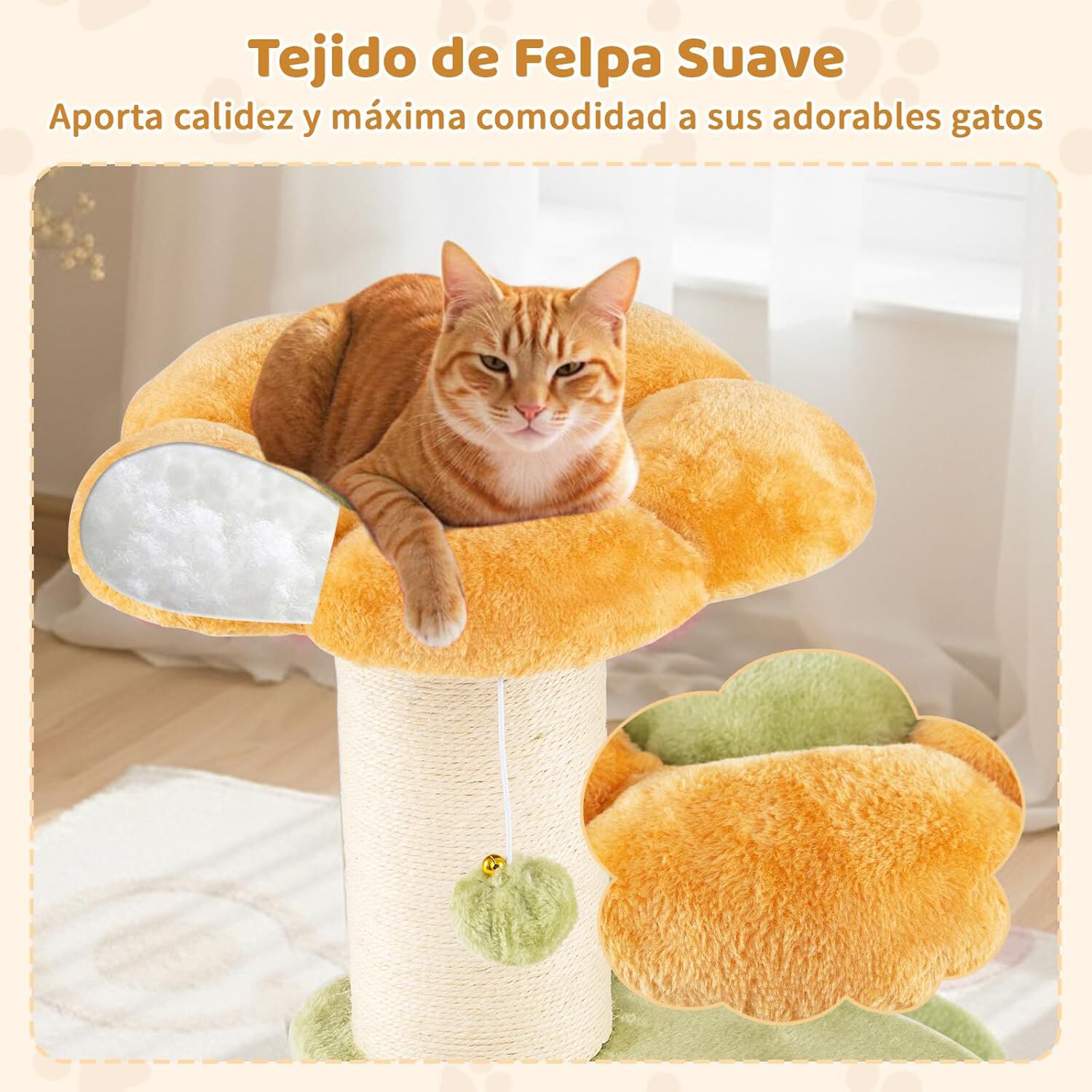 COSTWAY &Aacute;rbol Rascador para Gatos 60cm, Dise&ntilde;o Flores, Torre Peque&ntilde;a para Gatitos con Cama Acolchada de Tela Plush, Poste Rascador de Sisal, Bola Colgante, &Aacute;rbol Pequ&ntilde;o para Gatos, Interior (Amarillo), , large Imagen numero 3