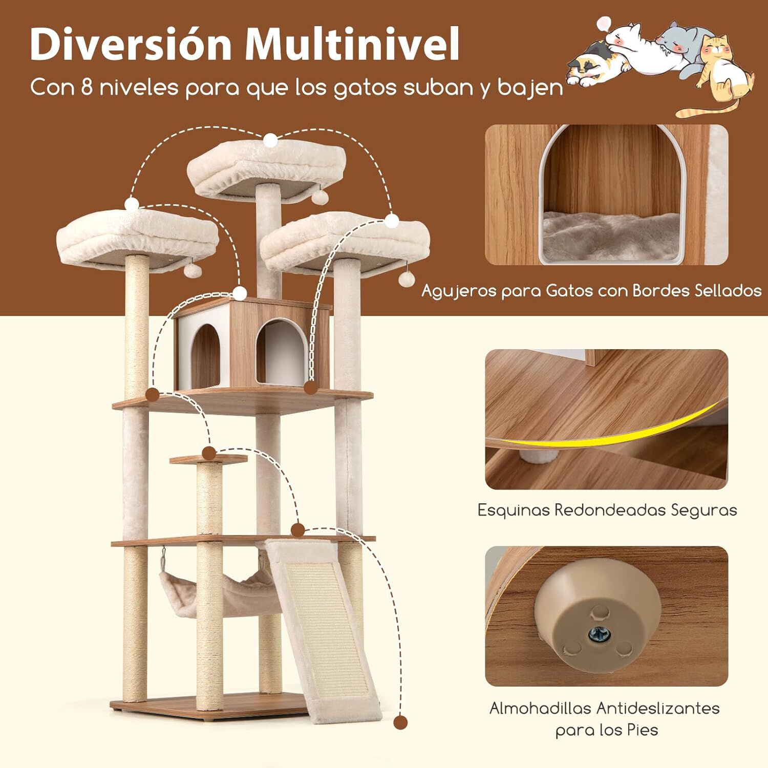 COSTWAY Rascador para Gatos de 168 cm, Árbol para Gatos con 3 Perchas Acolchadas, Postes Rascadores de Sisal, Bolas, Cojines Lavables, Mueble Multinivel para Gatos de Interior thumbnail