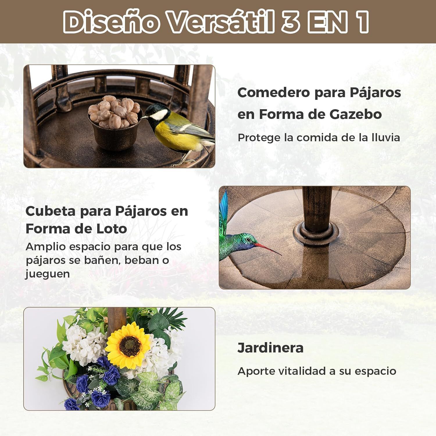 COSTWAY Comedero Pajaros Exterior de PP, Alimentaci&oacute;n de Aves de Jard&iacute;n, Comedero Vertical para P&aacute;jaros en Estilo Retro, Decorativo Exterior Ba&ntilde;o de P&aacute;jaros (Bronce, 50 x 50 x 107 cm), , large Imagen numero 4