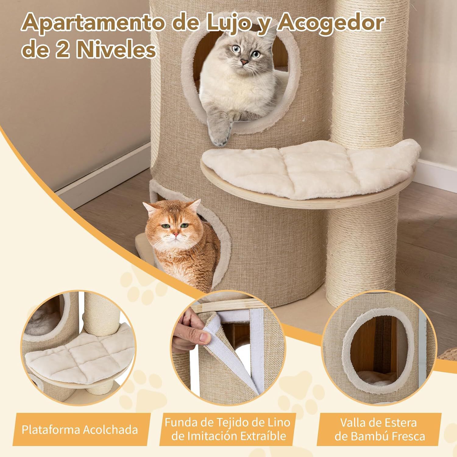 COSTWAY &Aacute;rbol para Gatos de 154 cm, Rascador para Gatos con Condominio de 2 Pisos, Percha Superior, Postes Rascadores de Sisal, Alfombra de Sisal, Hamaca, Pelotas Colgantes, Cama Extra&iacute;ble, , large Imagen numero 5