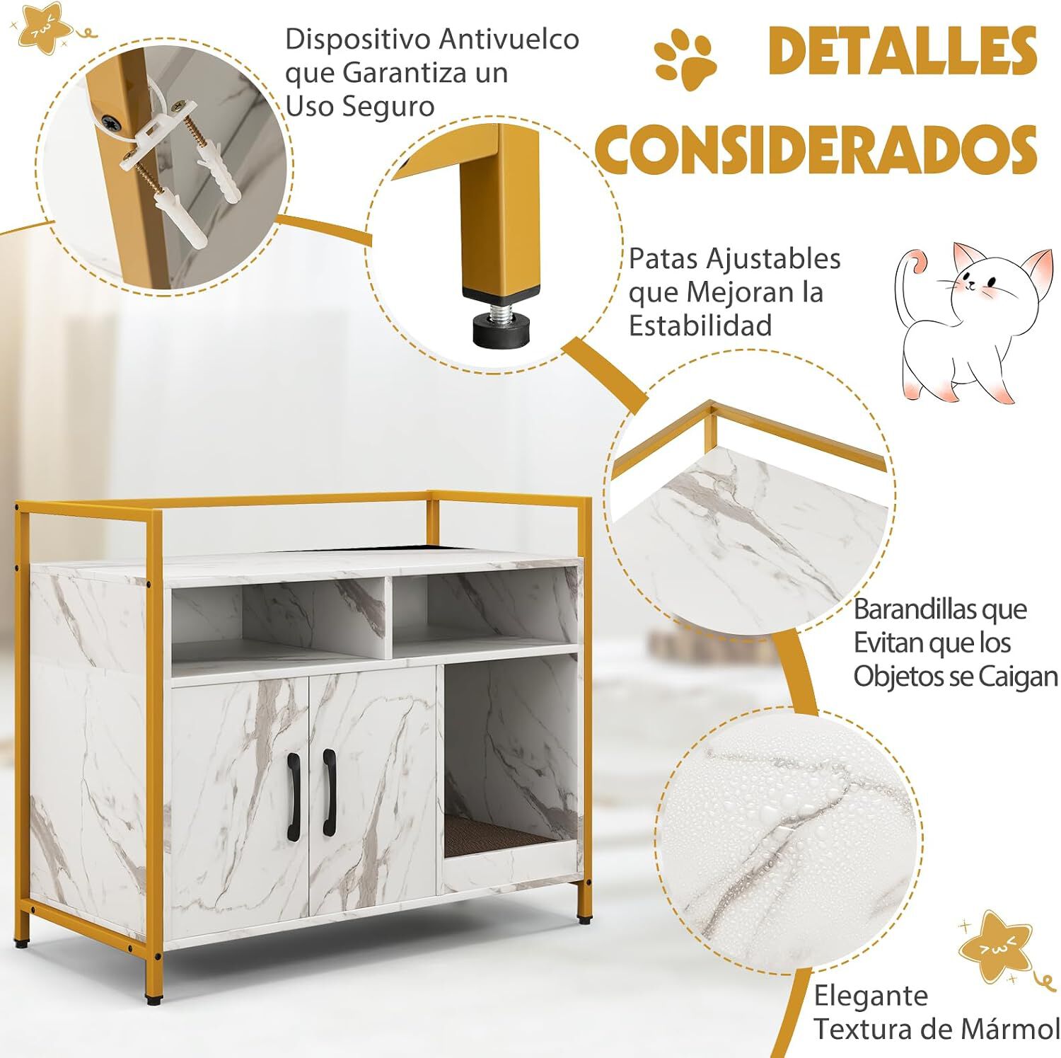 COSTWAY Caja de Arena para Gato, Aseo Gatos Mascotas de Madera, Mueble de Madera para Gatos con Estante & 2 Compartimentos, Muebles Interior para Gato Ocultos para Entrada, Sal&oacute;n (Patr&oacute;n de M&aacute;rmol), , large Imagen numero 4