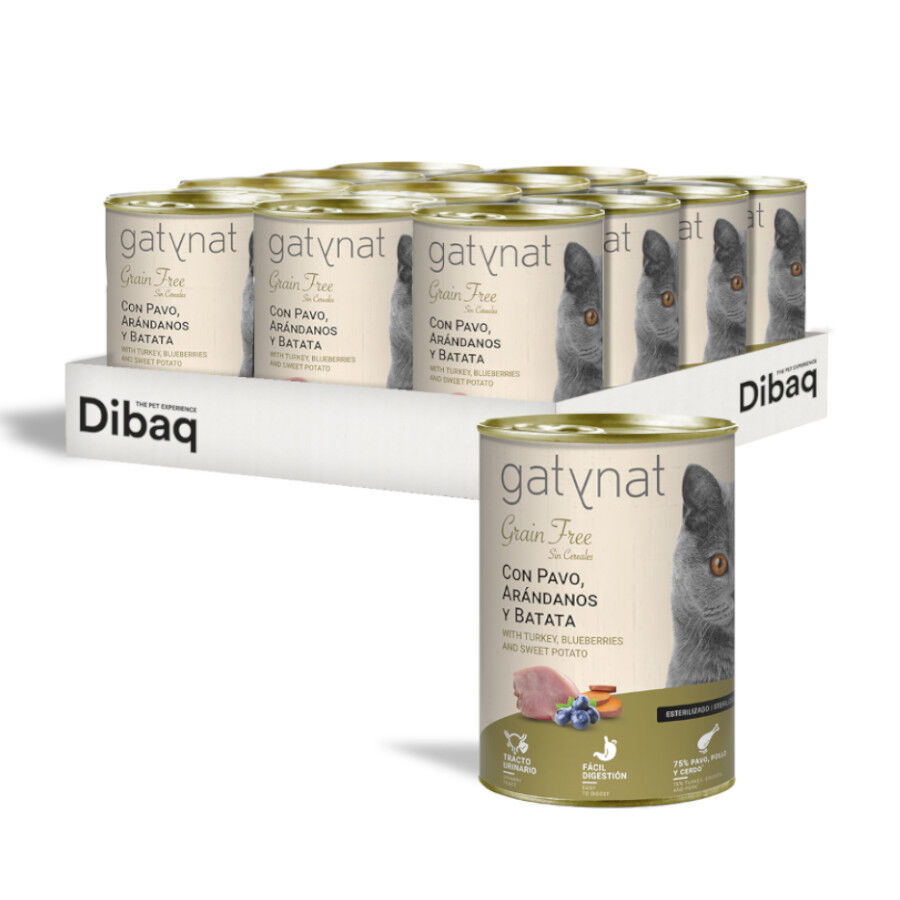 12 Latas x 400 g Dibaq Gatynat Lata Grain Free Pavo, Ar&aacute;ndanos y Batata para gatos, , large Imagen numero 1