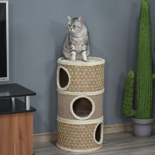 Tonel rascador con 3 niveles para gatos color Marrón y Beige, , large image number null