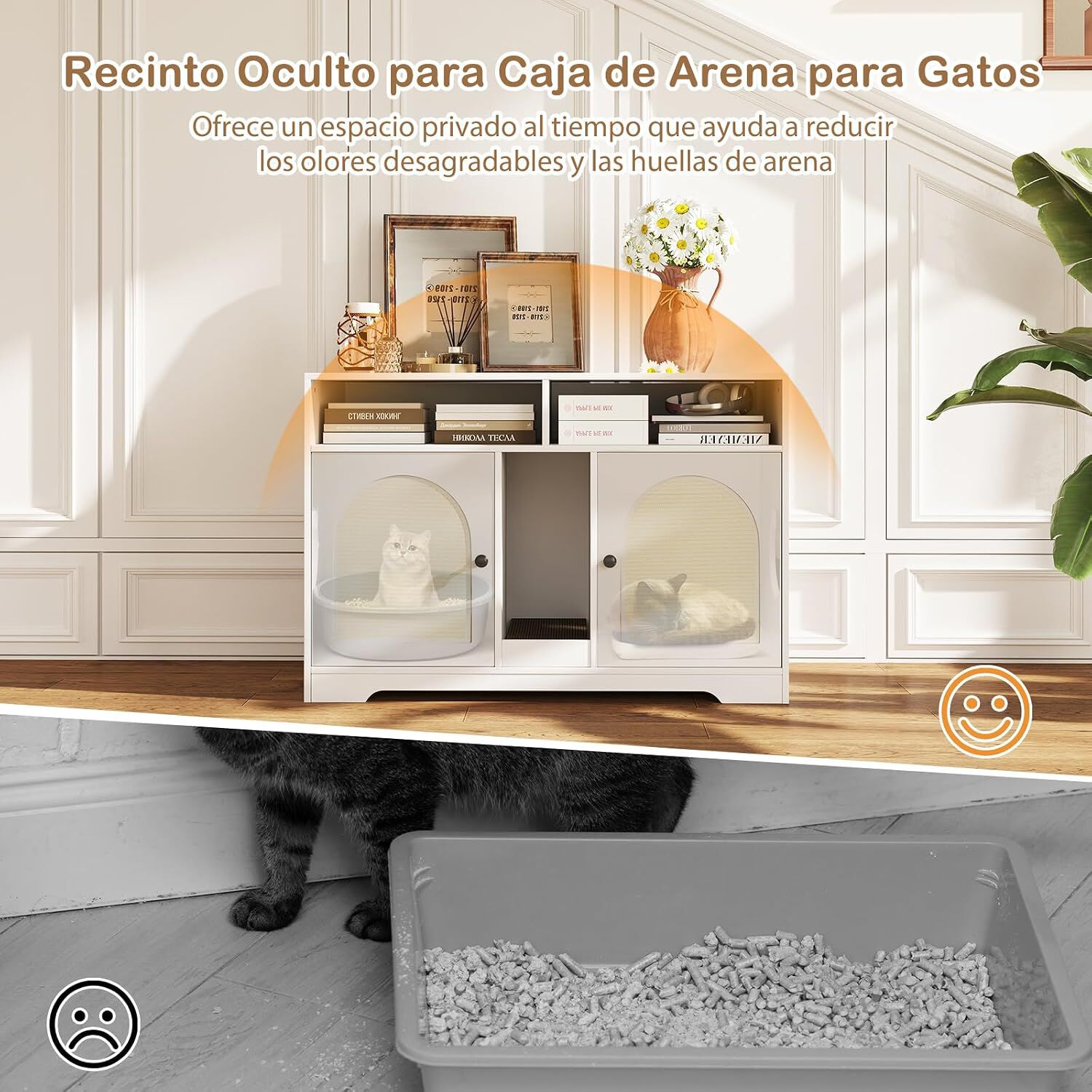 COSTWAY Caja de Arena para Gatos para 2 Gatos, Mueble Oculto para Ba&ntilde;o con Almacenamiento, Habitaciones Dobles, Rascador y 2 Alfombrillas de Sisal, Mesa Auxiliar de Madera para Interior, , large Imagen numero 3