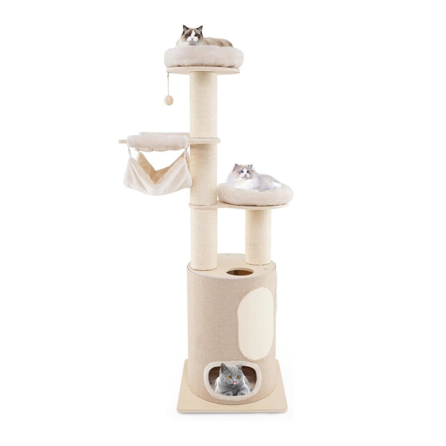 COSTWAY &Aacute;rbol para Gatos de Altura 187 cm, Rascador para Gatos de Madera con 2 Plataformas, 1 Cueva, 1 Hamaca, Postes Rascadores de Sisal y Cojines Lavables, Torre para Gatos, Natural, , large Imagen numero 1