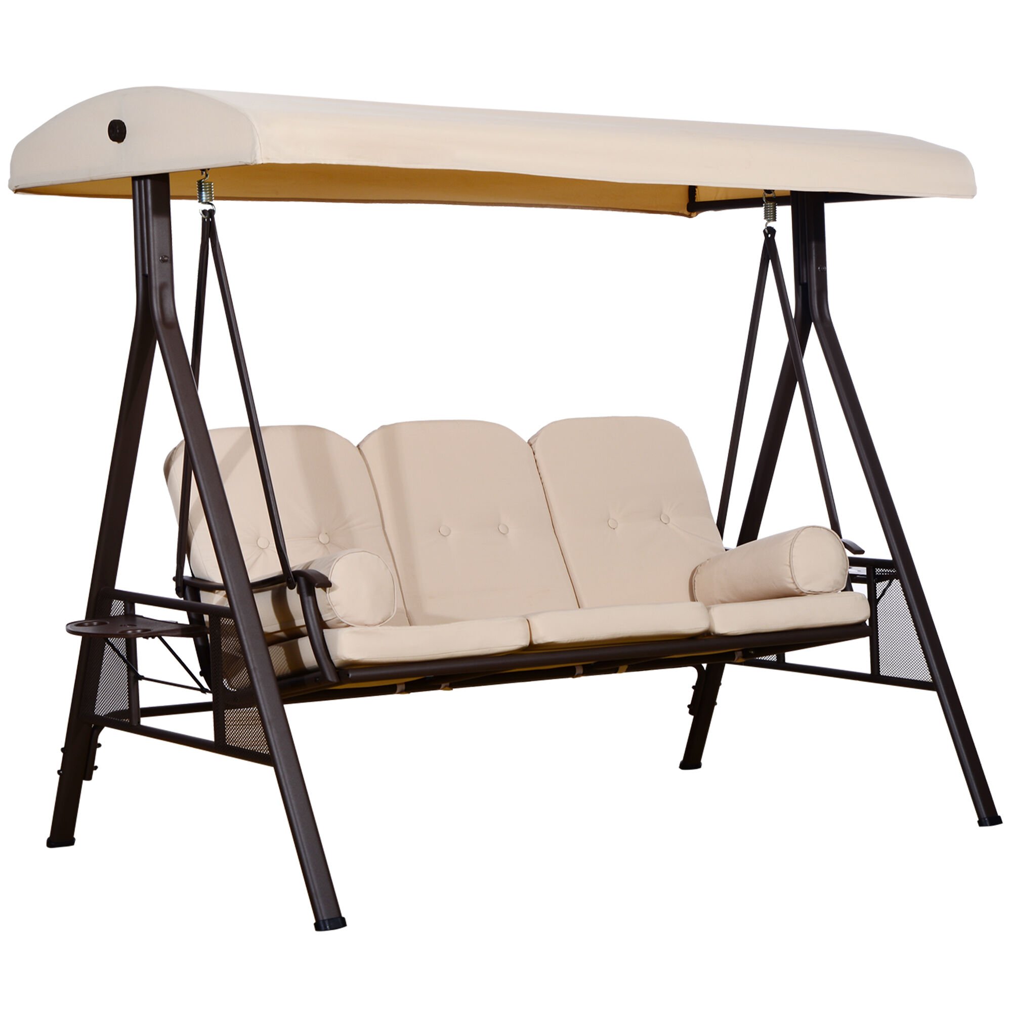Outsunny Columpio Balancin de Jardin de 3 Plazas con Techo Parasol 2 Cojines Bandeja para Bebidas y Marco de Metal para Terraza Balcon Exterior Carga Max. 360 kg 207x120 5x174 cm Beige Tiendanimal