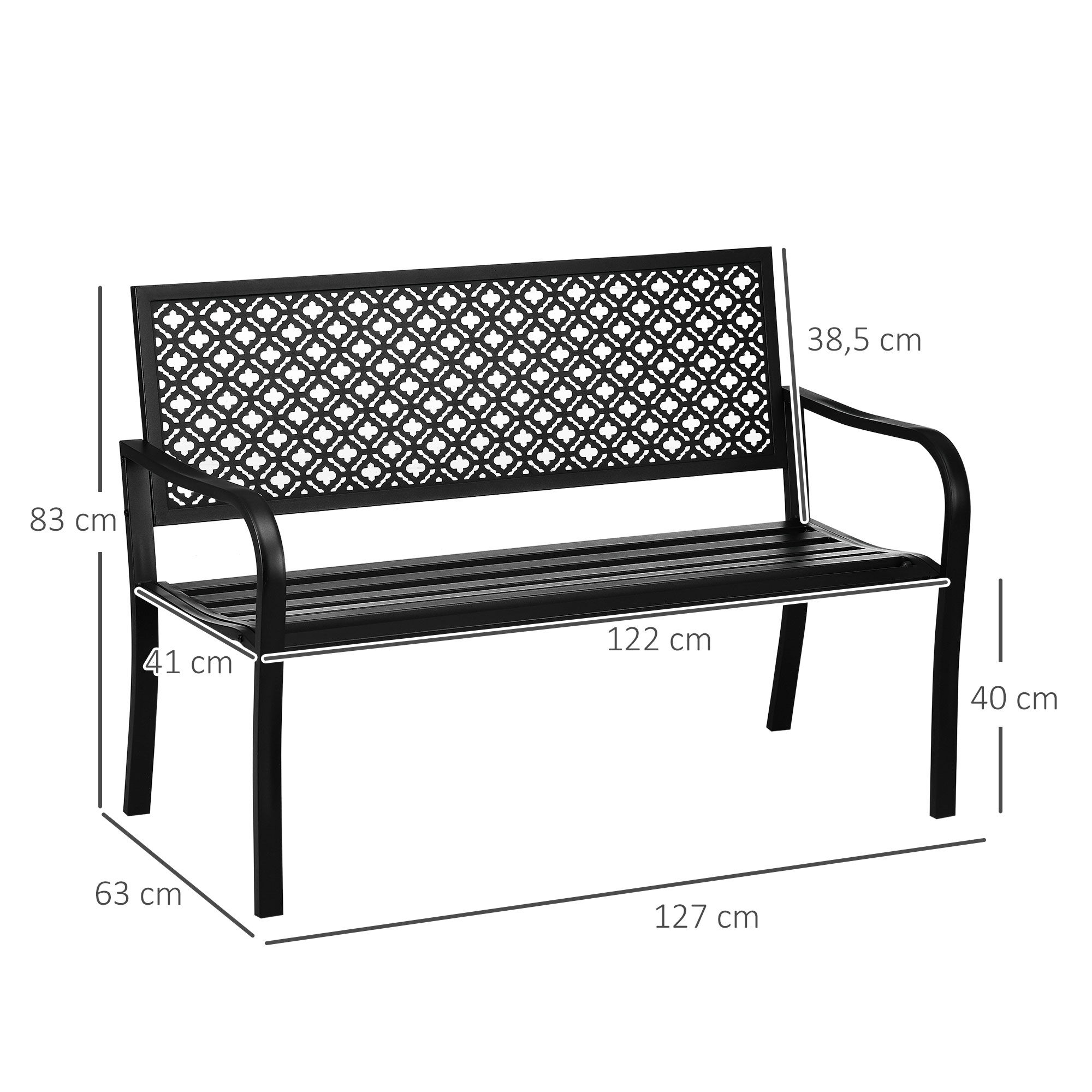 Outsunny Banco de Jard&iacute;n de Acero Banco Exterior de 2 Plazas con Respaldo Decorativo Estampado para Terraza Balc&oacute;n Patio Carga 240 kg 127x63x83 cm Negro, , large Imagen numero 3