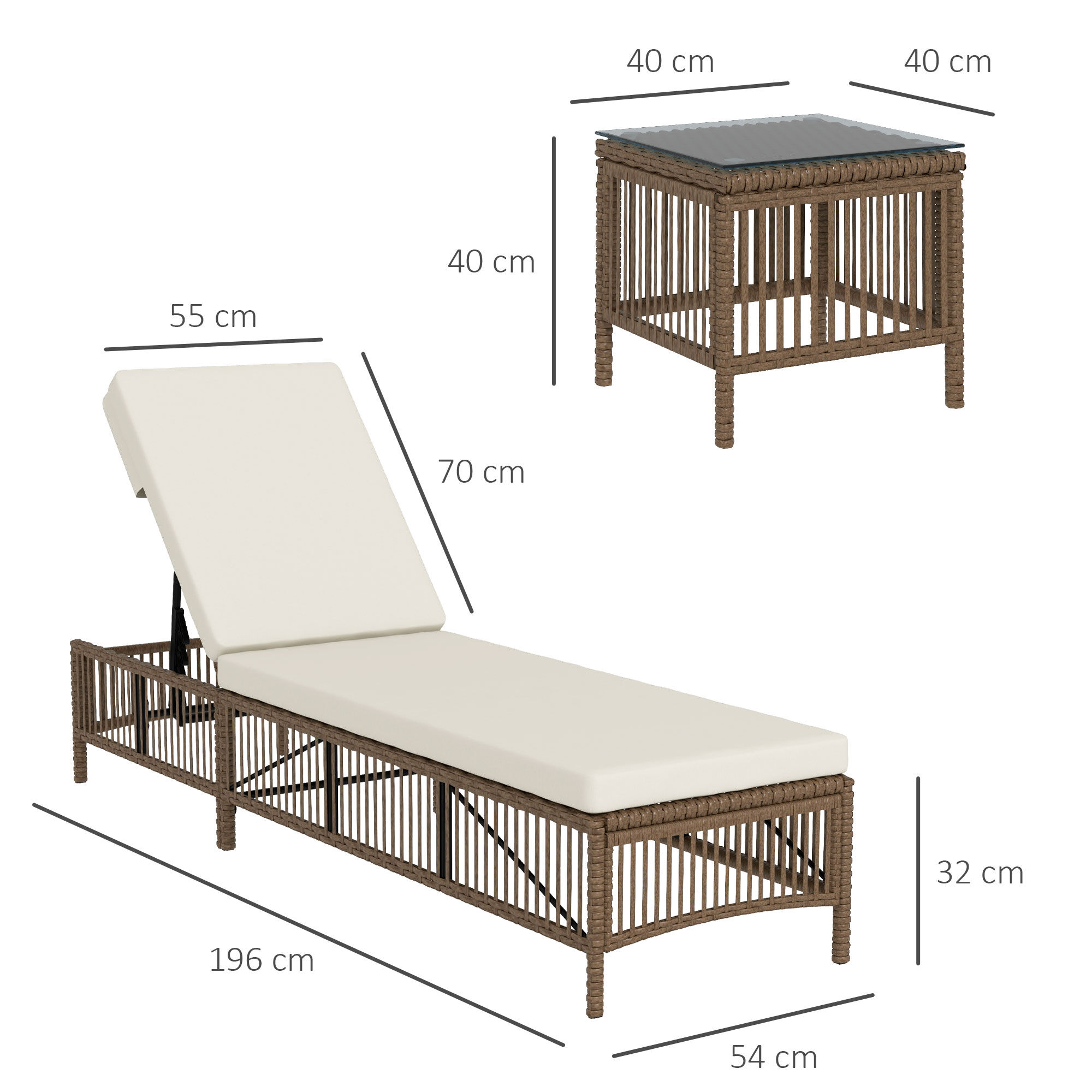 Outsunny Conjunto de 2 Tumbonas de Rat&aacute;n Tumbonas de Jard&iacute;n con Mesa de Centro Respaldo Ajustable en 5 Niveles y Cojines 196x54x32 cm Beige, , large Imagen numero 3