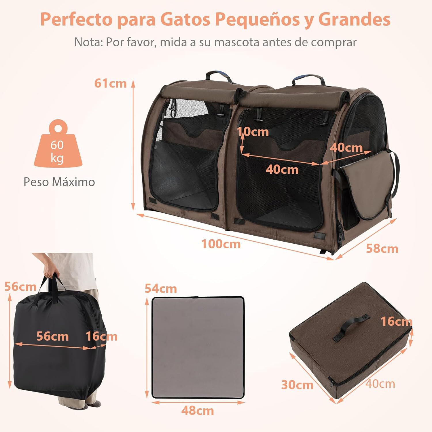 COSTWAY Transport&iacute;n de Doble Compartimento Perro Gato, Bolsa de Transporte Port&aacute;til 3 en 1 con 2 Hamacas Desmontables, Jaula Suave para Mascotas con Bolsa de Transporte 100 x 58 x 61cm (Marr&oacute;n), , large Imagen numero 5