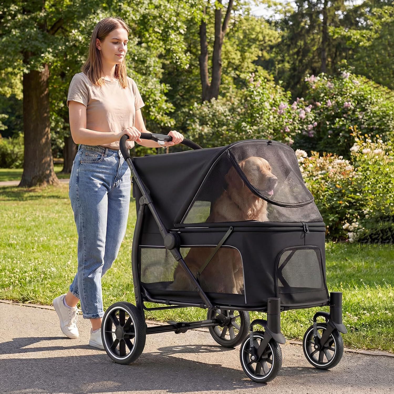 COSTWAY Carrito para Perros Plegable Grande, Cochecito para Mascotas con Ruedas, Toldo Ajustable de Malla, Bolsillos de Almacenamiento y Cintur&oacute;n de Seguridad, Carga 40 kg, 96 x 71 x 102,5 cm, Negro, , large Imagen numero 2