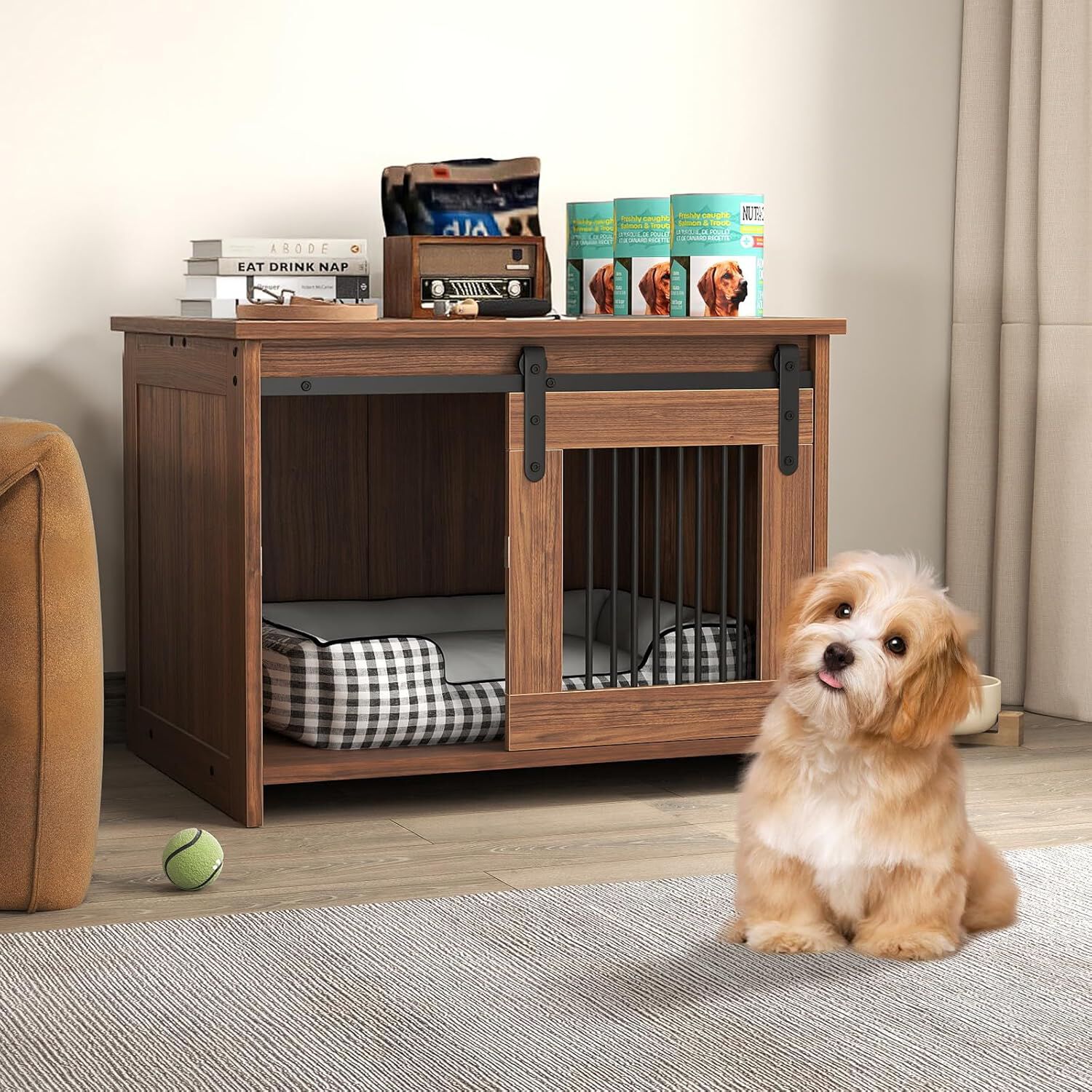 COSTWAY Jaula para Perros Medianos, 80x60x60 cm, Muebles de Jaula para Perros con Puerta Corrediza, Tubos Met&aacute;licos a Prueba de Masticar, Mesa Auxiliar Perrera para Mascotas Peque&ntilde;as Medianas (Marr&oacute;n), , large Imagen numero 2