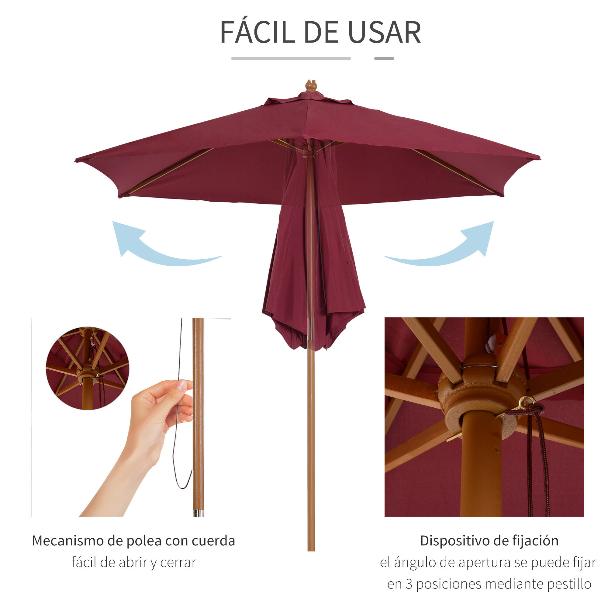 Outsunny Sombrilla Parasol de Madera &Oslash;250x230cm para Exterior con 6 Varillas Sistema de Cuerda con Fijaci&oacute;n Desmontable Port&aacute;til F&aacute;cil de Guardar y Transportar Rojo Vino, , large Imagen numero 4