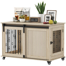 PawHut Jaula para Perros con Ruedas, Mesa Auxiliar, Casa para Mascotas Moderna con 2 Puertas y Cierre, para Perros Medianos y Grandes, 100x56x65 cm, Roble