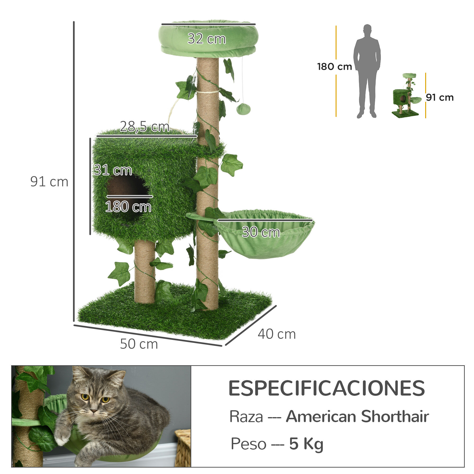PawHut &Aacute;rbol Rascador para Gatos 91 cm Torre para 1-2 Gatos con Caseta Cama Hamaca Poste de Yute y Bola Colgante 50x40x91 cm Verde, , large Imagen numero 3