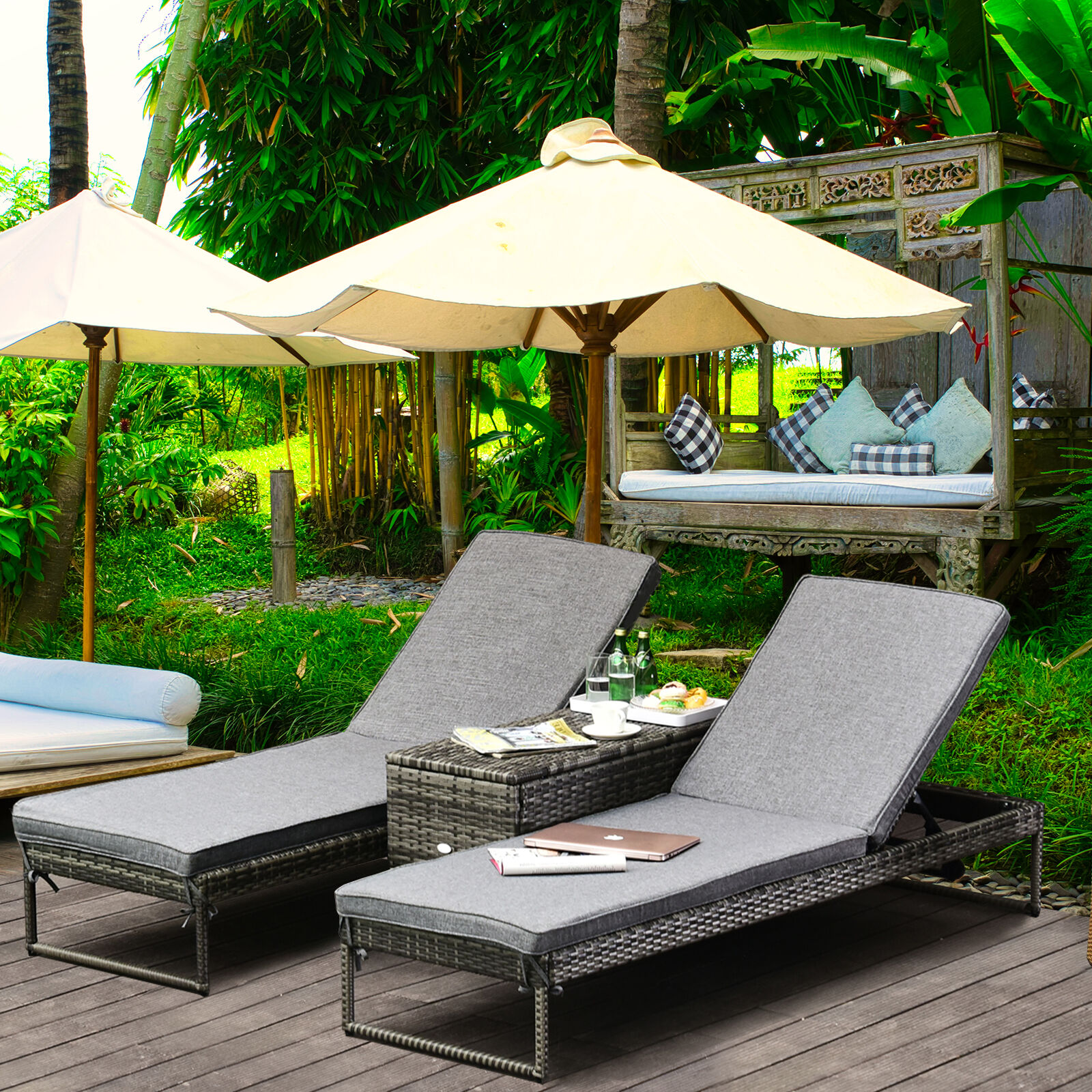 Outsunny Conjunto de 2 Tumbonas de Jard&iacute;n con Cojines Acolchados Rat&aacute;n con Mesa Auxiliar para Piscina o Terraza Carga 160kg 195x60x86 cm Acero Gris, , large Imagen numero 2