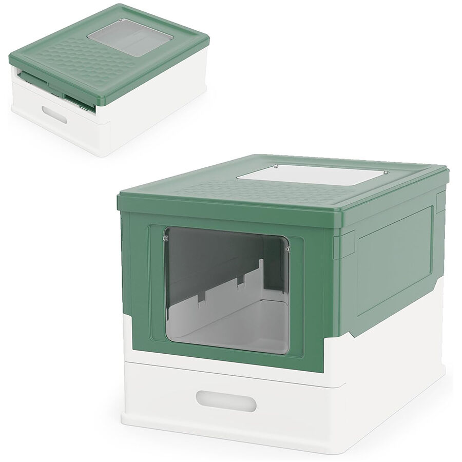 COSTWAY Arenero para Gatos Cubierto, Caja de Arena para Gatos Grande con Entrada Frontal y Salida Abatible, Bandeja Port&aacute;til, Caj&oacute;n, Arenero Cerrado Plegable para Gato, 50x38x37 cm (Verde + Blanco), , large Imagen numero 1