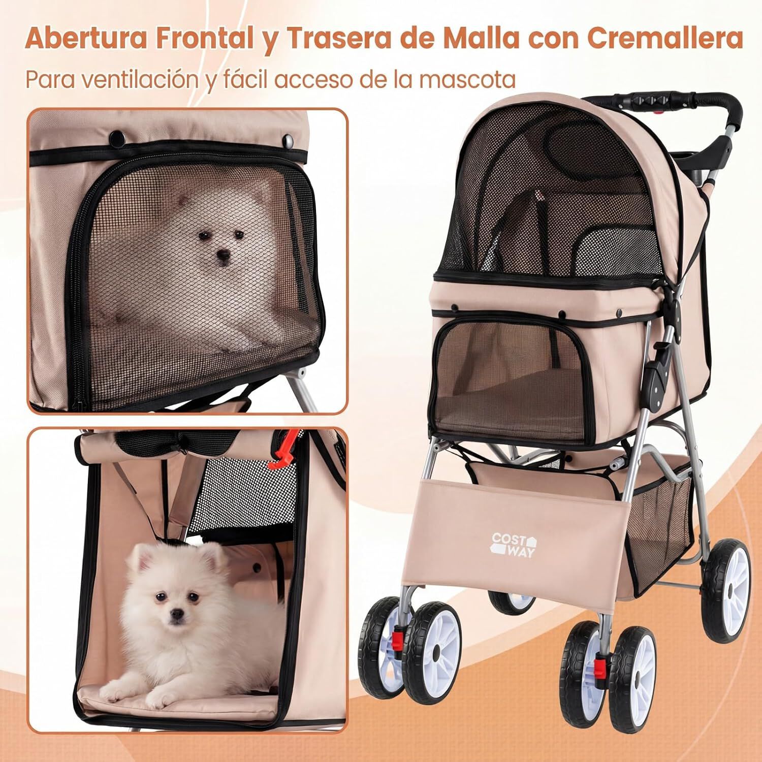 COSTWAY Cochecito para Mascotas, Carrito para Perros Plegable con Ruedas Grandes, Malla Transpirable, Cubierta Impermeable, Portavasos y Cesta, Carro para Perros Peque&ntilde;os y Gatos hasta 15 kg, Beige, , large Imagen numero 4