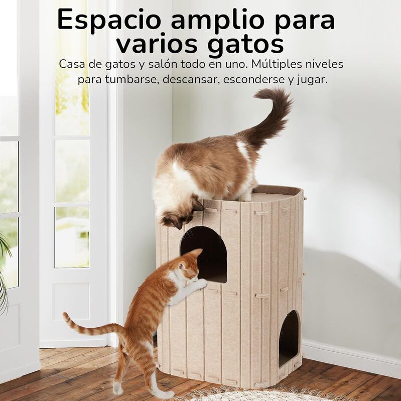 Fukumaru Cueva para Gatos de 2 Pisos en Color Beige | Casa Multinivel para Varios Gatos, de Lana Natural, Dise&ntilde;o Moderno, Estable, Plegable y F&aacute;cil de Limpiar, , large Imagen numero 3
