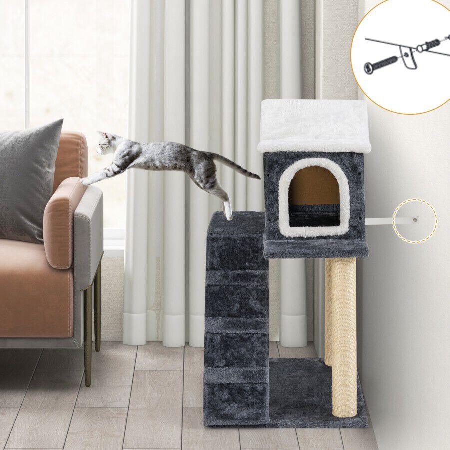 COSTWAY &Aacute;rbol para Gatos Moderno de 90 cm, Muebles para Gatos de 3 Niveles con Techo Abrible, Postes de Rascado de Sisal, Escalera, Dispositivo Antivuelco, Torre para Gatos&nbsp;en Interiores, Gris, , large Imagen numero 5