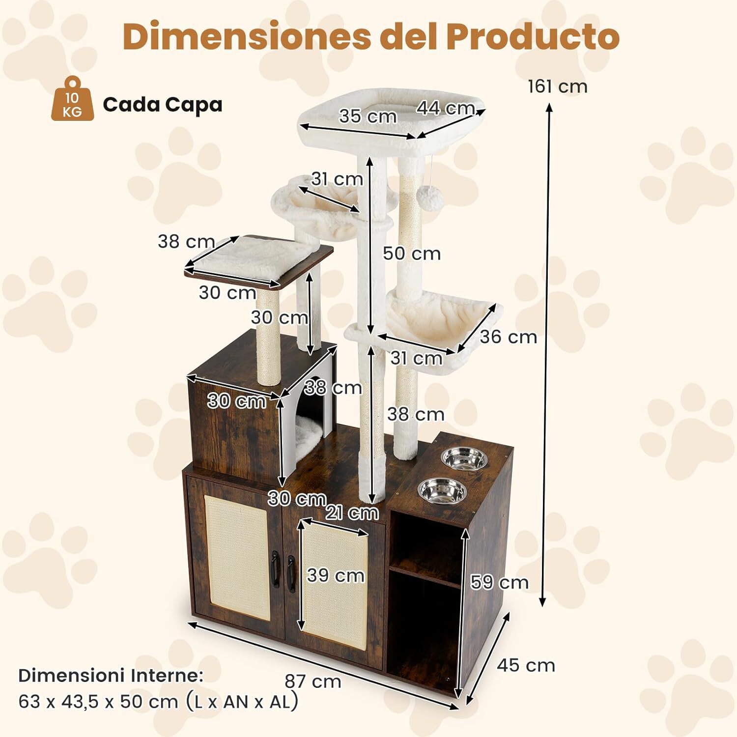 COSTWAY Mueble Arenero para Gatos, &Aacute;rbol Rascador para Gatos con Caja de Arena, 2 Hamacas, Mirador, Postes y Alfombrillas para Rascar, Comederos, Torre Rascador para Gatitos, 87x45x161 cm, Industrial, , large Imagen numero 5