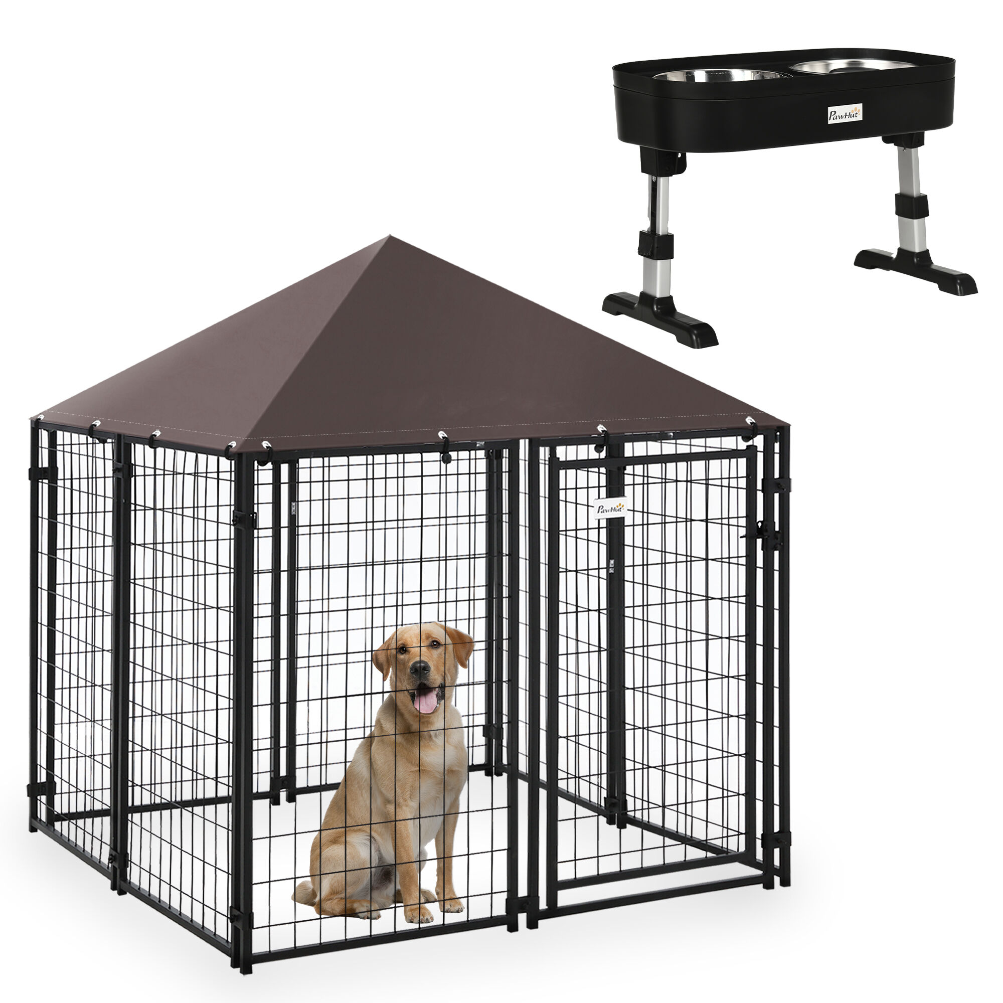 PawHut Conjunto para Mascotas Juego de Perrera de Exterior con Techo y Comedero Elevado para Perros de 4 Alturas Ajustables para Terraza Balc&oacute;n 141x141x153 cm 43x25x30 cm Negro, , large Imagen numero 1