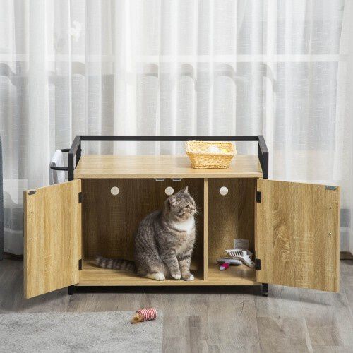 PawHut casa de madera y mueble arenero natural para gatos