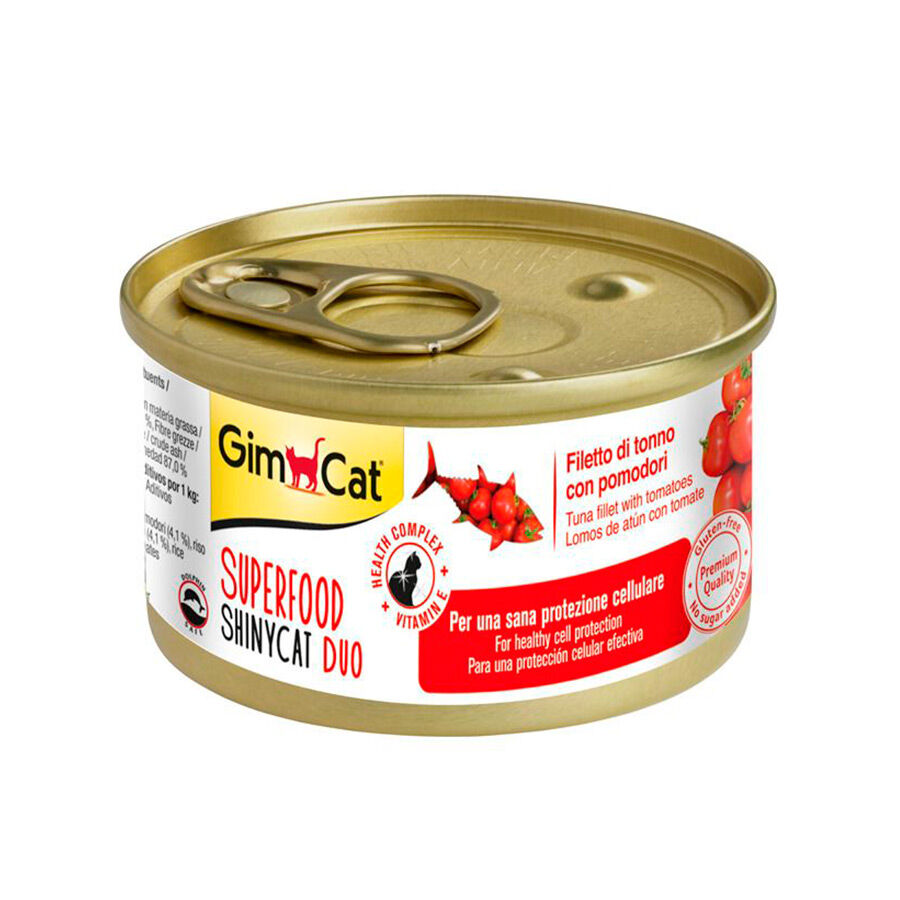 70 g Gimcat Super Food Shiny Cat Duo At&uacute;n y Tomate lata para gatos , , large Imagen numero 1